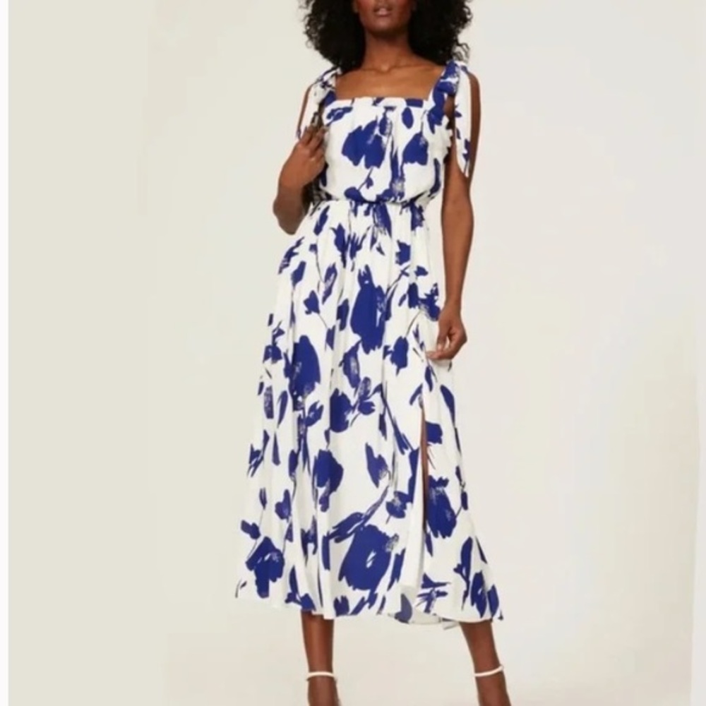 Jason Wu Collective Tie Strap Blue White Floral Side Slit Midi Dress